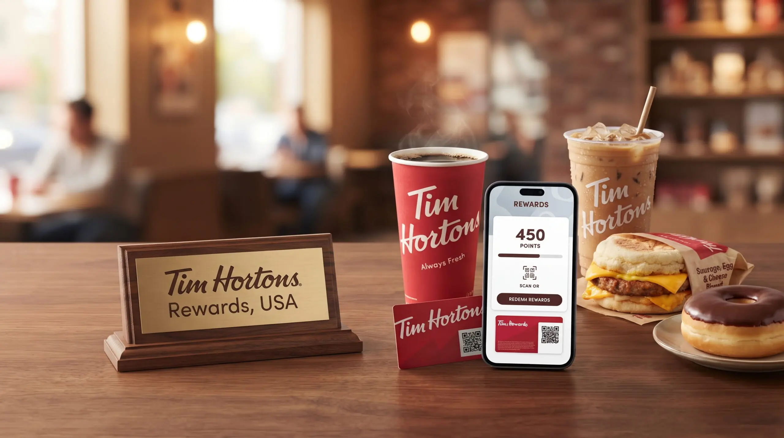 Tim Hortons Rewards points shown with coffee, food and a rewards app