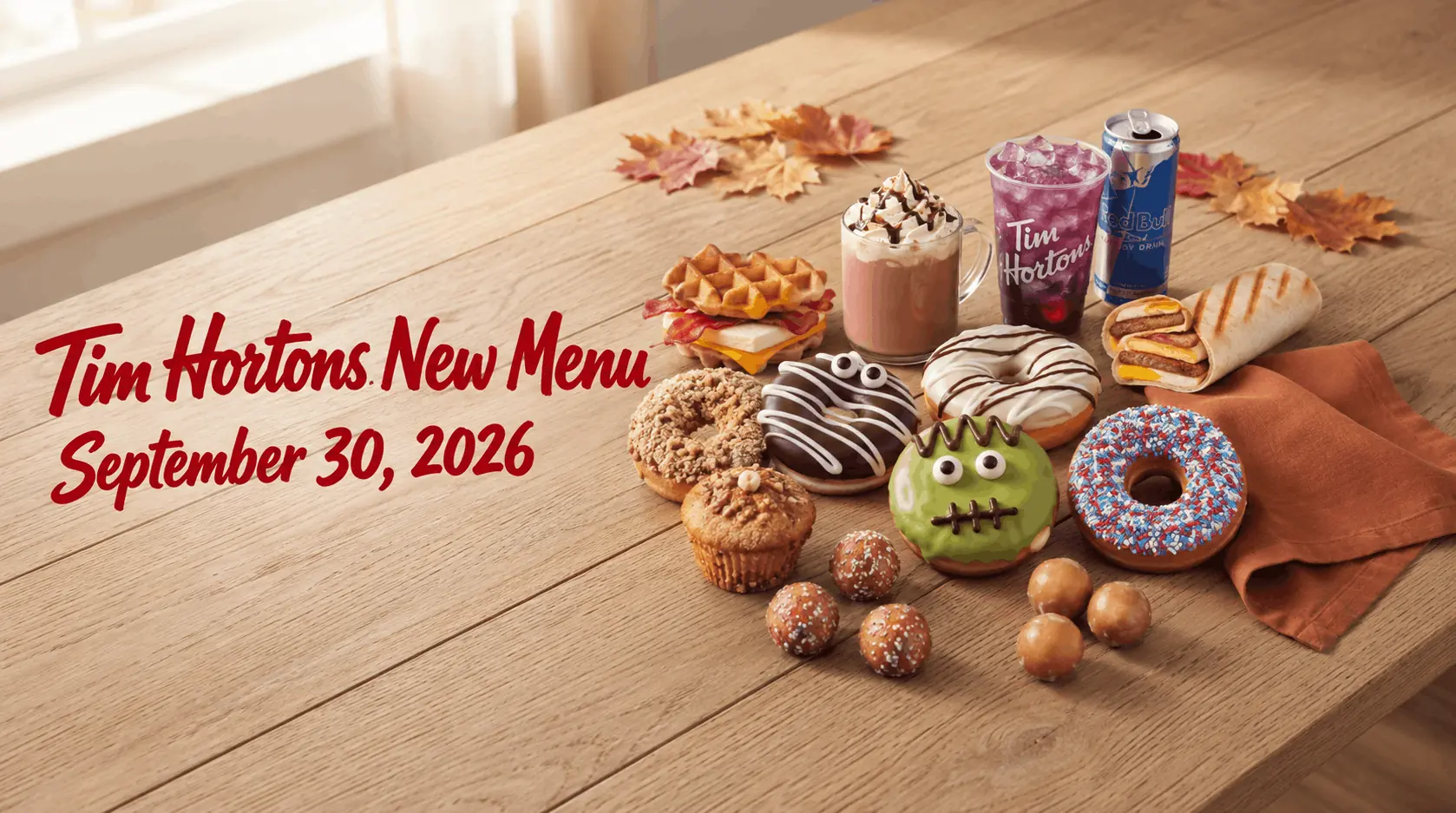 The full Tim Hortons September 2026 new menu lineup, including donuts, Timbits, a muffin, drinks and breakfast items, on a wooden table.