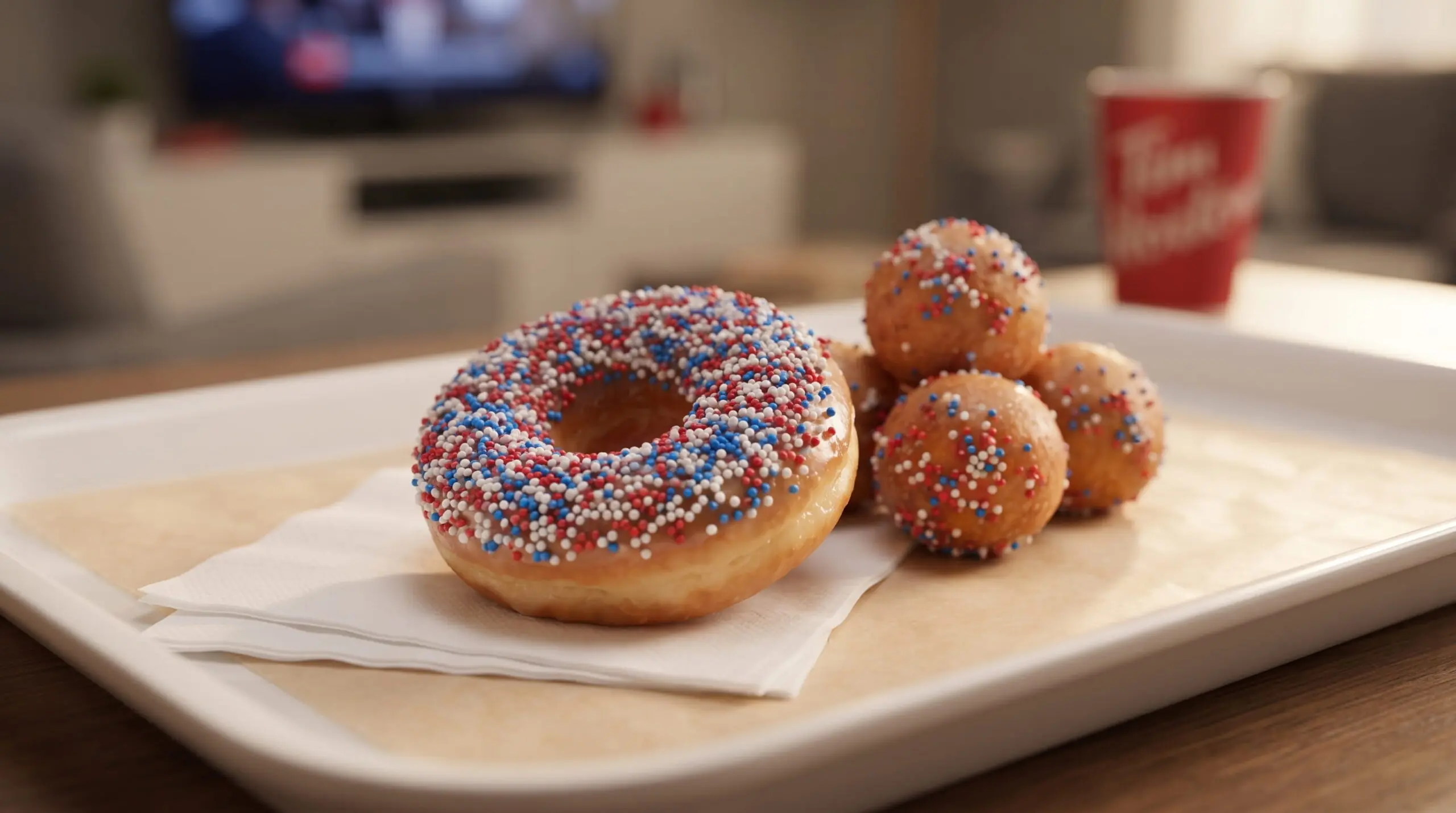A Tim Hortons Buffalo Football Donut with red, white and blue sprinkles beside three Buffalo Football Timbits on a tray.