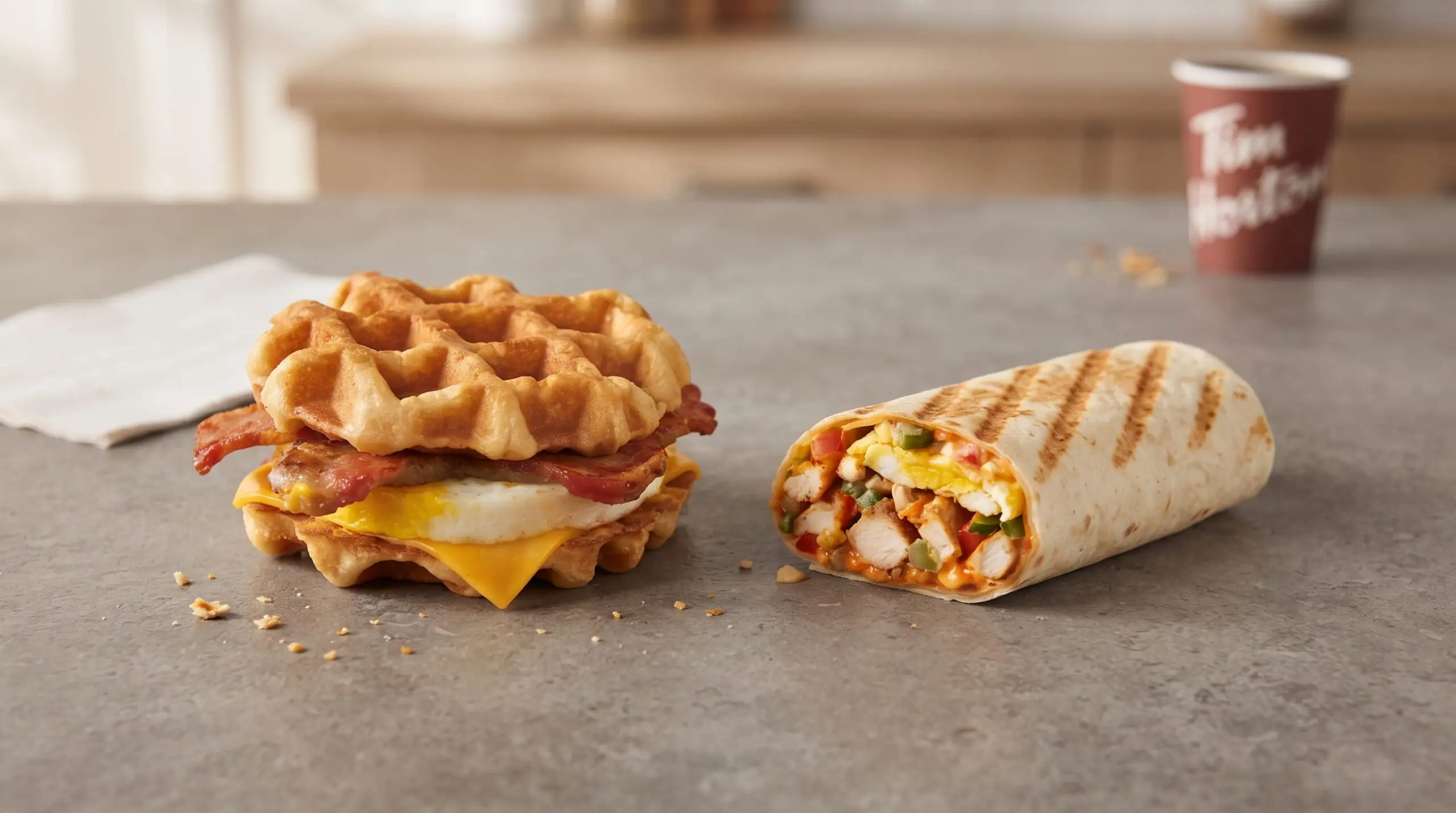 A Tim Hortons Maple Waffle Breakfast Sandwich next to a halved Buffalo Sauce Farmer's Wrap on a gray surface.