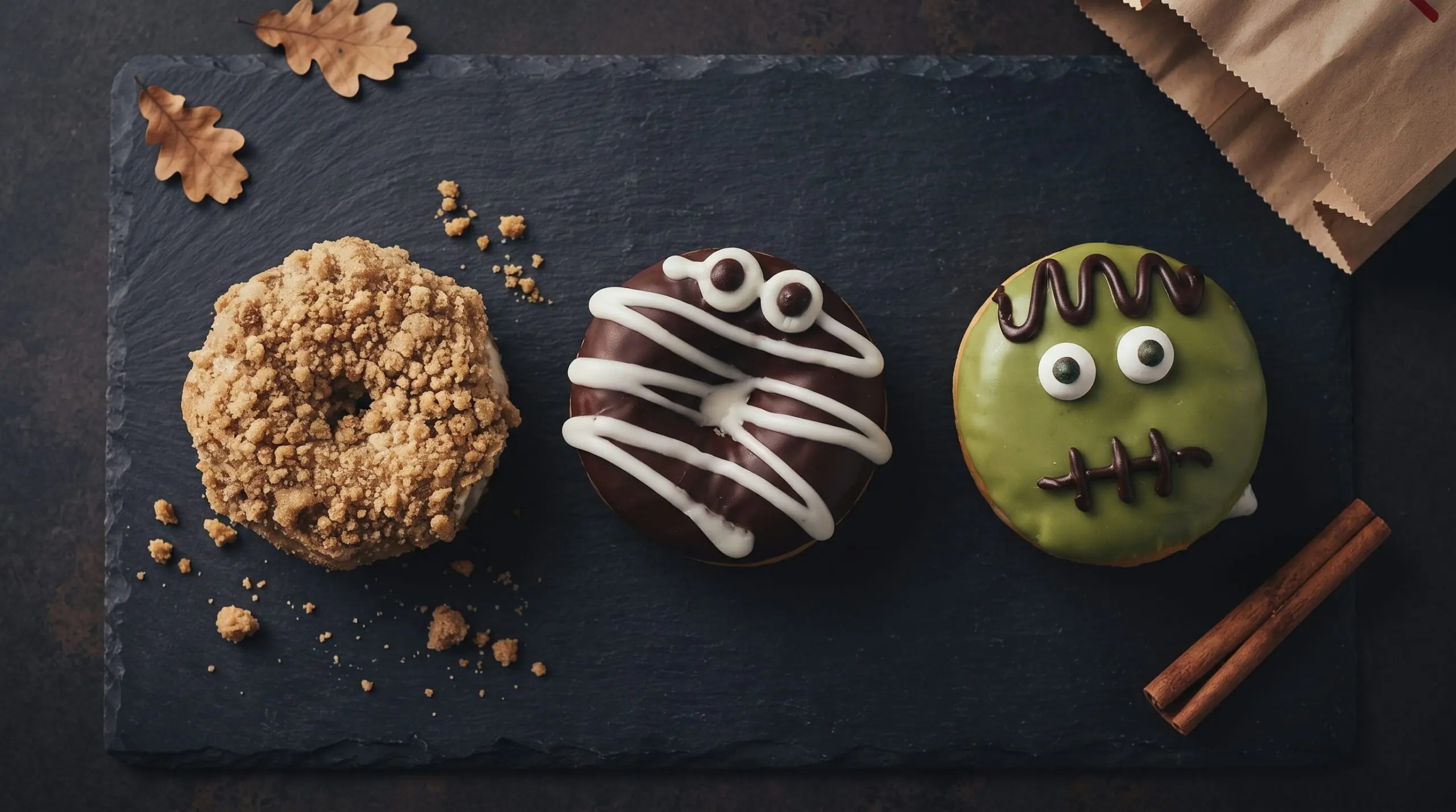 Overhead view of a Tim Hortons Frosted Pumpkin Cake Donut, Mummy Donut and Frankenstein Donut on a dark slate board.