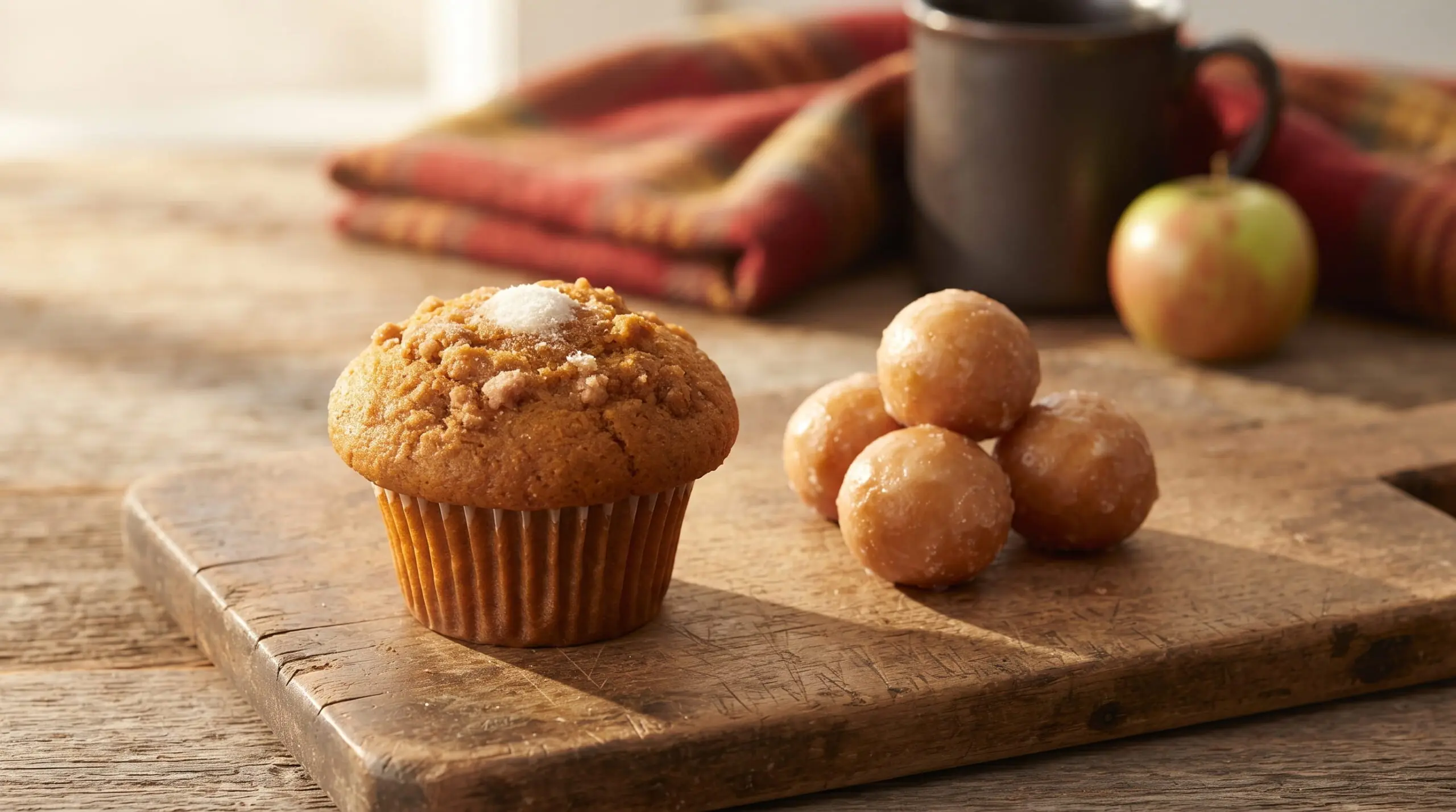 A Tim Hortons Pumpkin Spice Muffin beside three Apple Cider Timbits on a wooden board with cozy fall props.