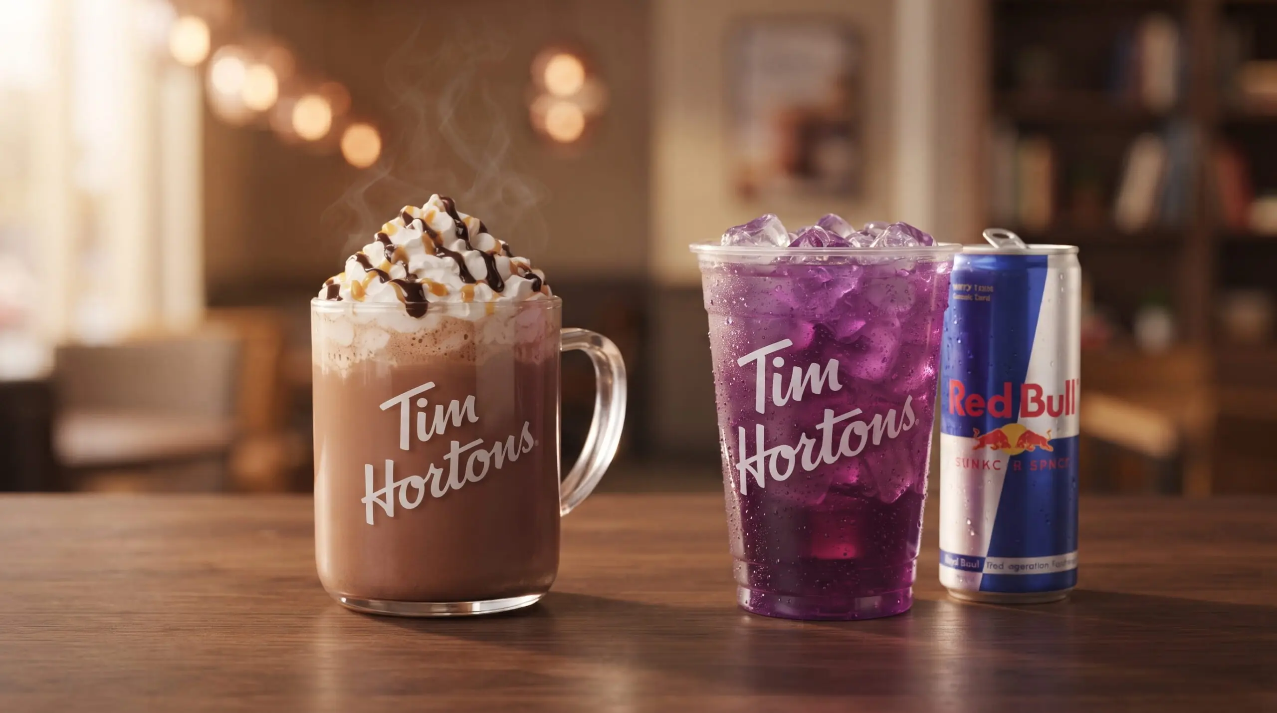 Tim Hortons Twix n' Treat Hot Chocolate in a glass mug beside a Purple Wave TimsBoost with Red Bull and its can.